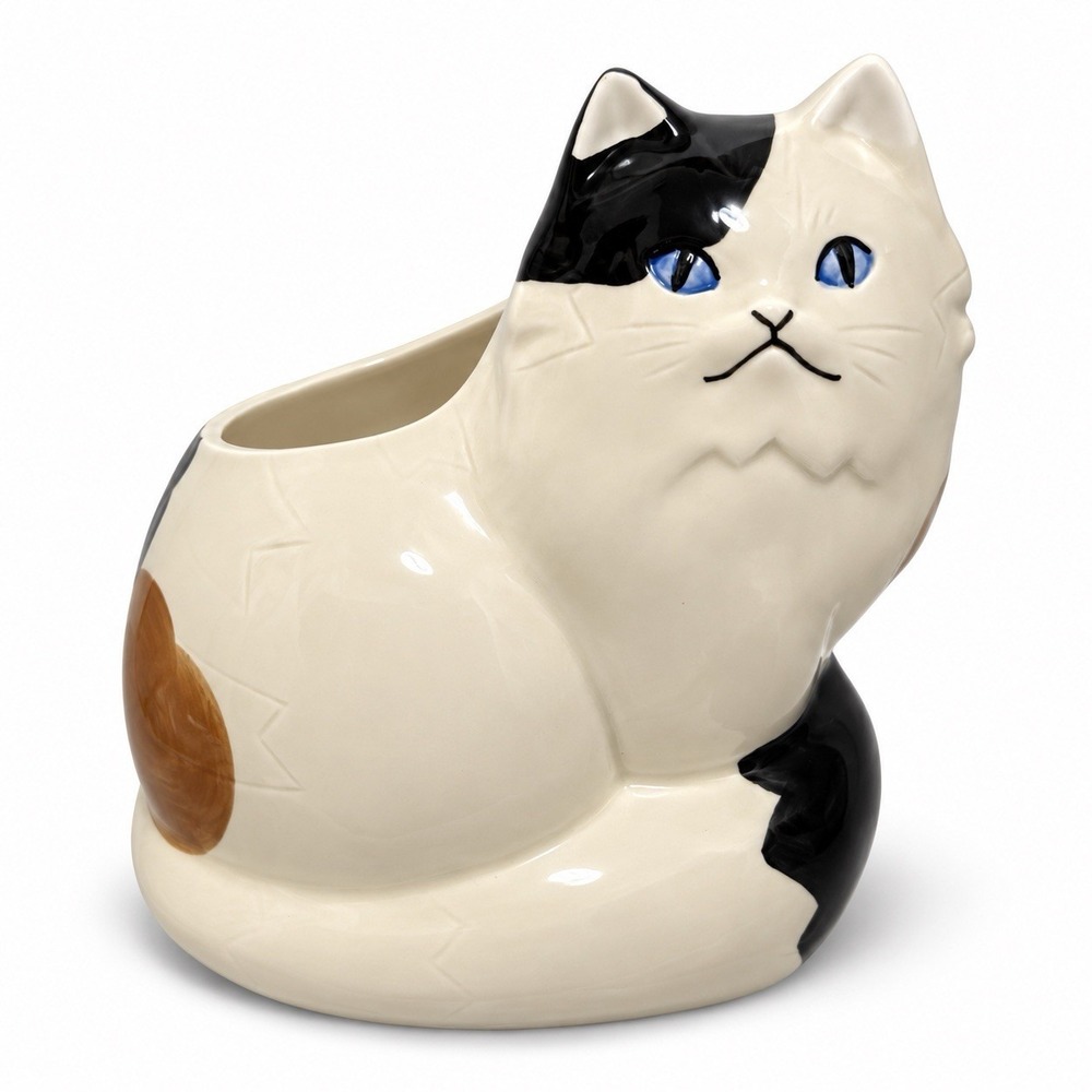 VTG Ceramic Cat Planter Blue Eyes Black White Calico Kitty Cachepot Cute Decor